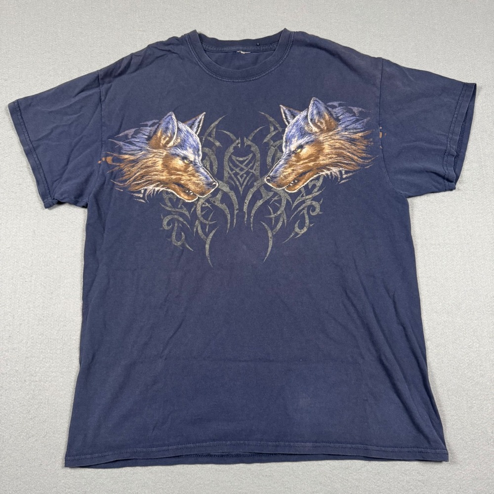 Vintage Double Wolf Tribal Graphic Tee Charcoal Gray Crewneck T-Shirt Large
